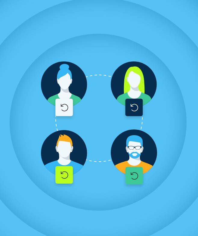 A blue background with four people icons