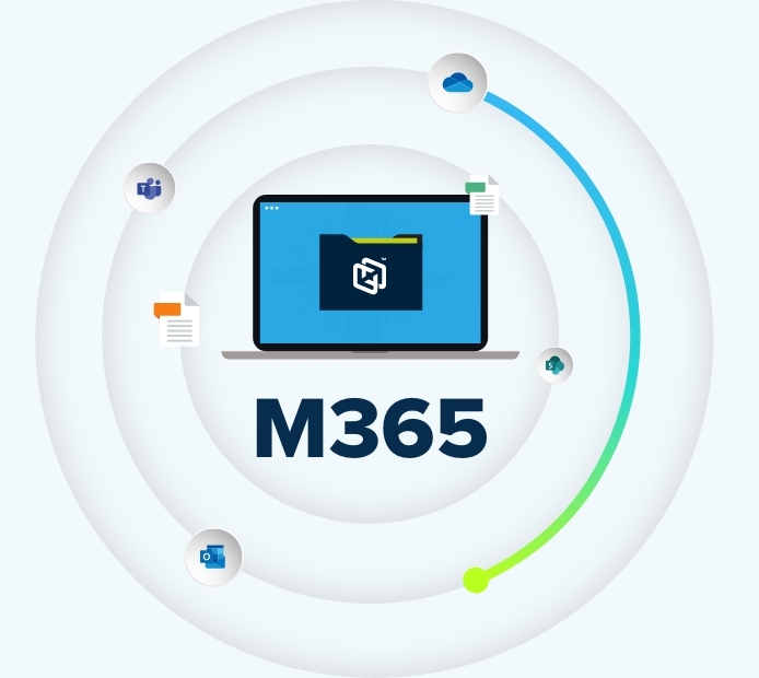 the text M365 below a laptop with a digital folder on the screen