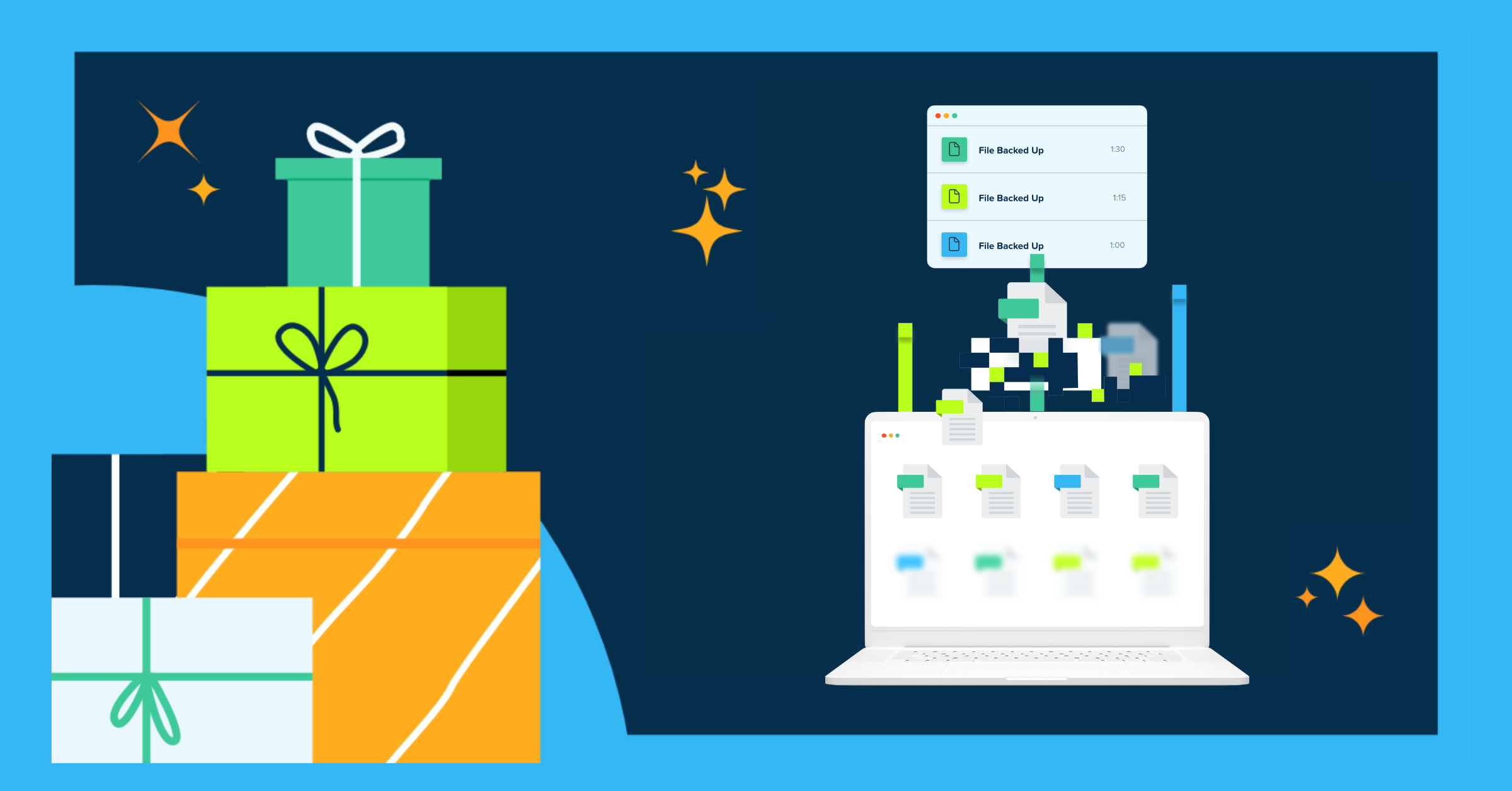 christmas gifts stacked on top of one another and a laptop beside it that's using endpoint backup solutions.
