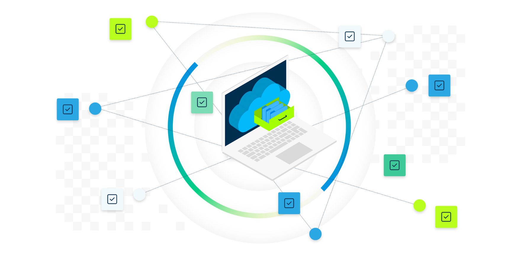 Laptop graphic with a cirlce and checkmarks in various colors floating around it that illustrate the importance of data back up for businesses.