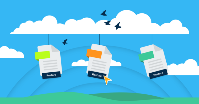 document files hanging from a cloud with birds flying around