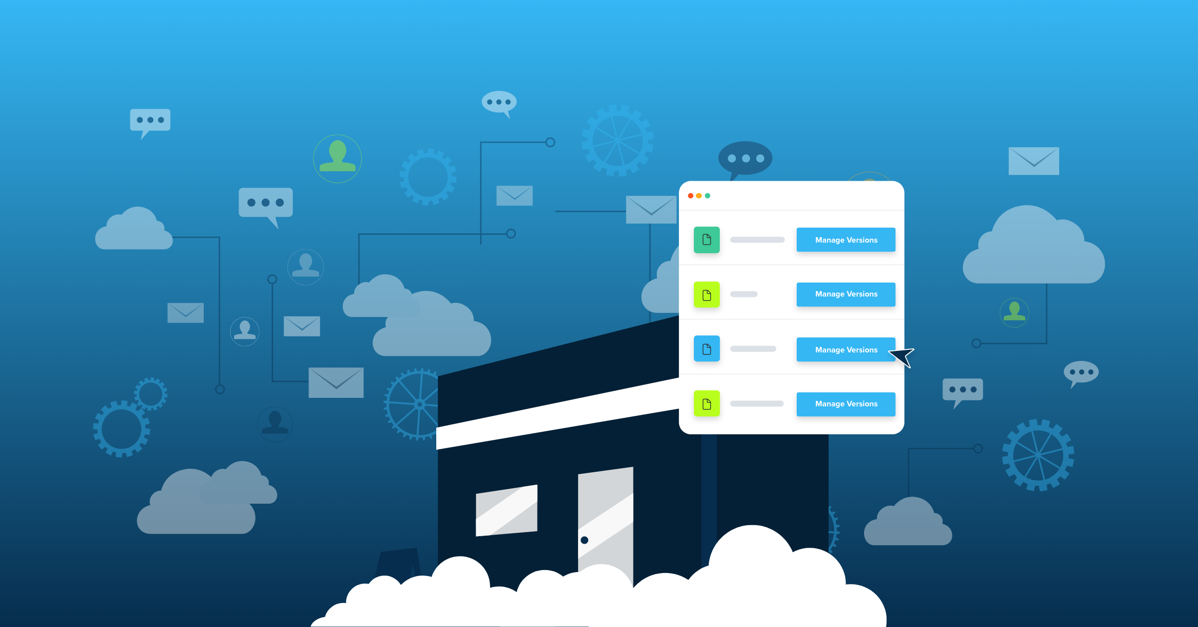 Cloud-based backup concept with a building on a cloud and floating icons of messages, profiles, and gears, symbolizing small business cloud backup solutions.