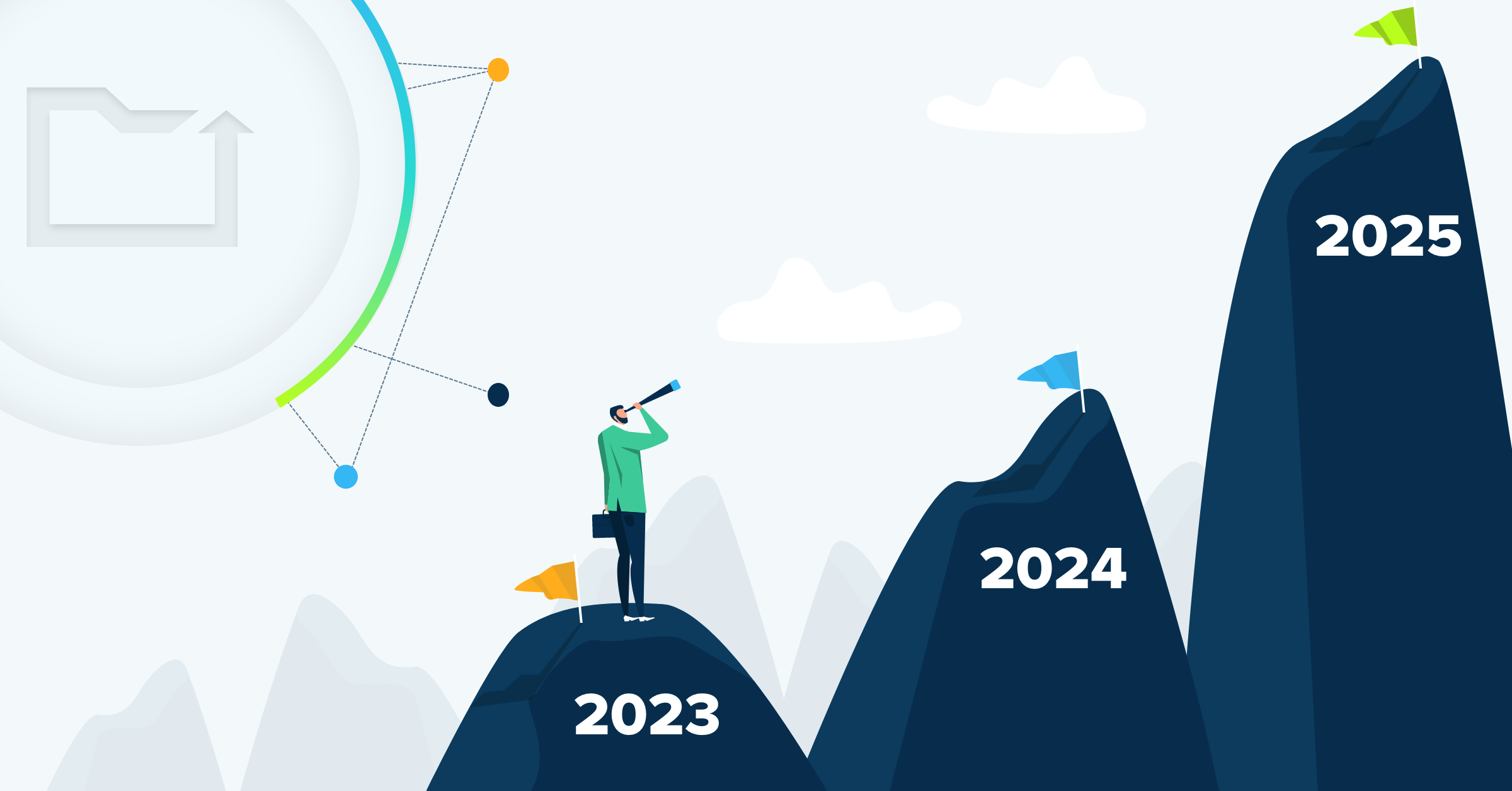 Person on '2023' mountain looks towards '2024' and '2025' peaks, representing forward planning in cybersecurity.
