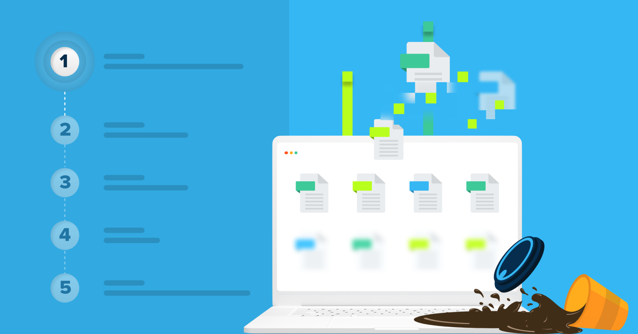 Illustration of a laptop with files transferring to a cloud, next to a spilled coffee cup and a numbered list from 1 to 5, symbolizing steps in a personal disaster recovery plan for files.