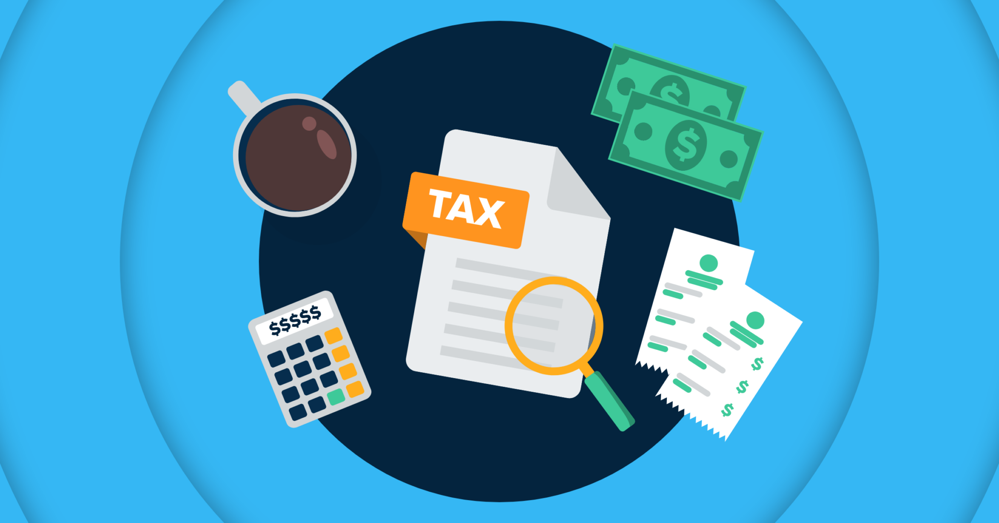 The image shows Best Practices for Tax Document Backup items: a document labeled "TAX," a calculator, cash, and a coffee cup