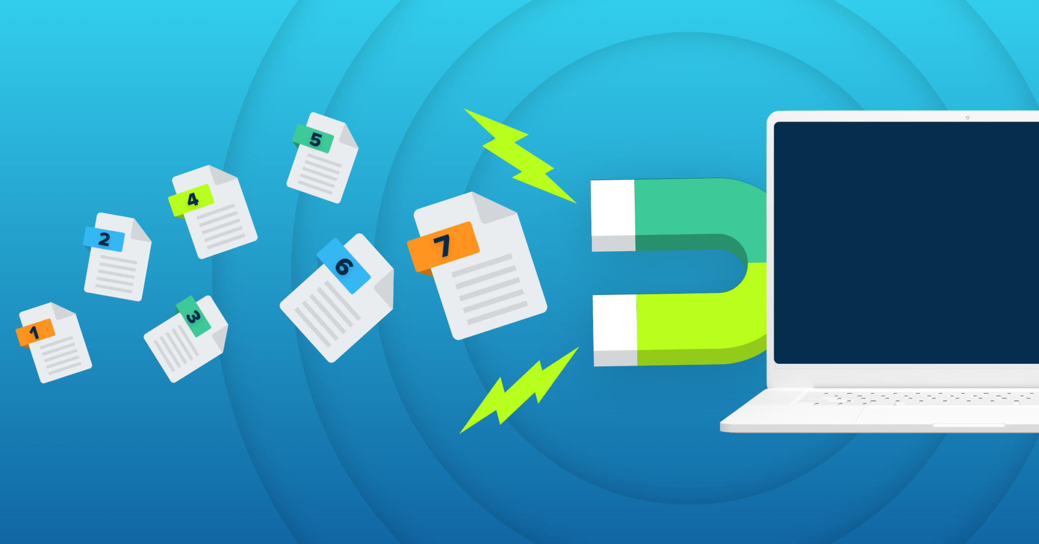 The image, titled "7 Data Retention Policy Best Practices for Your Business," depicts a magnet attracting numbered documents to a laptop, symbolizing organized data management.