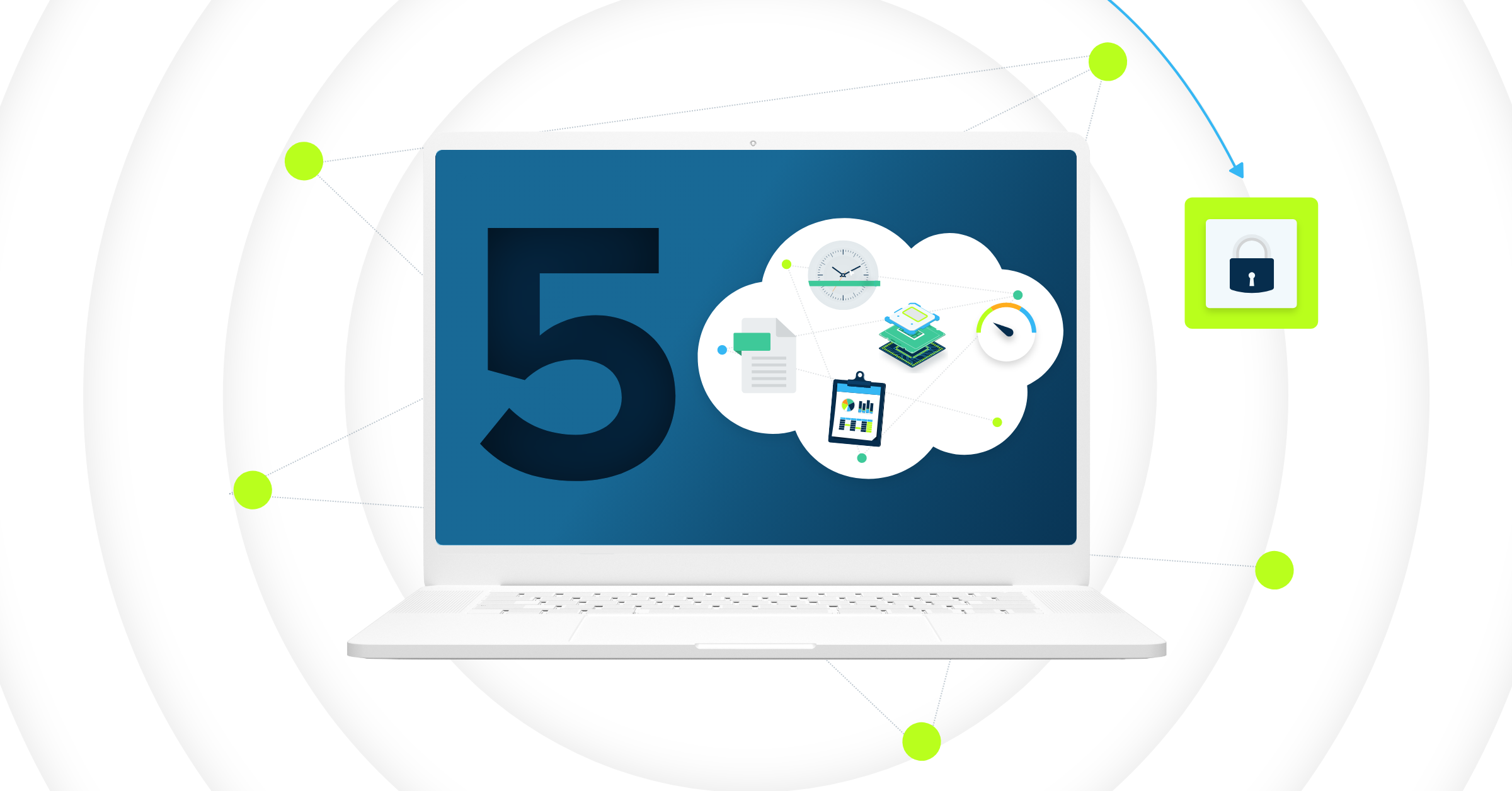 Laptop with '5' and icons for biotech backup strategies: cloud, clock, documents, highlighting secure data management for biotech companies.