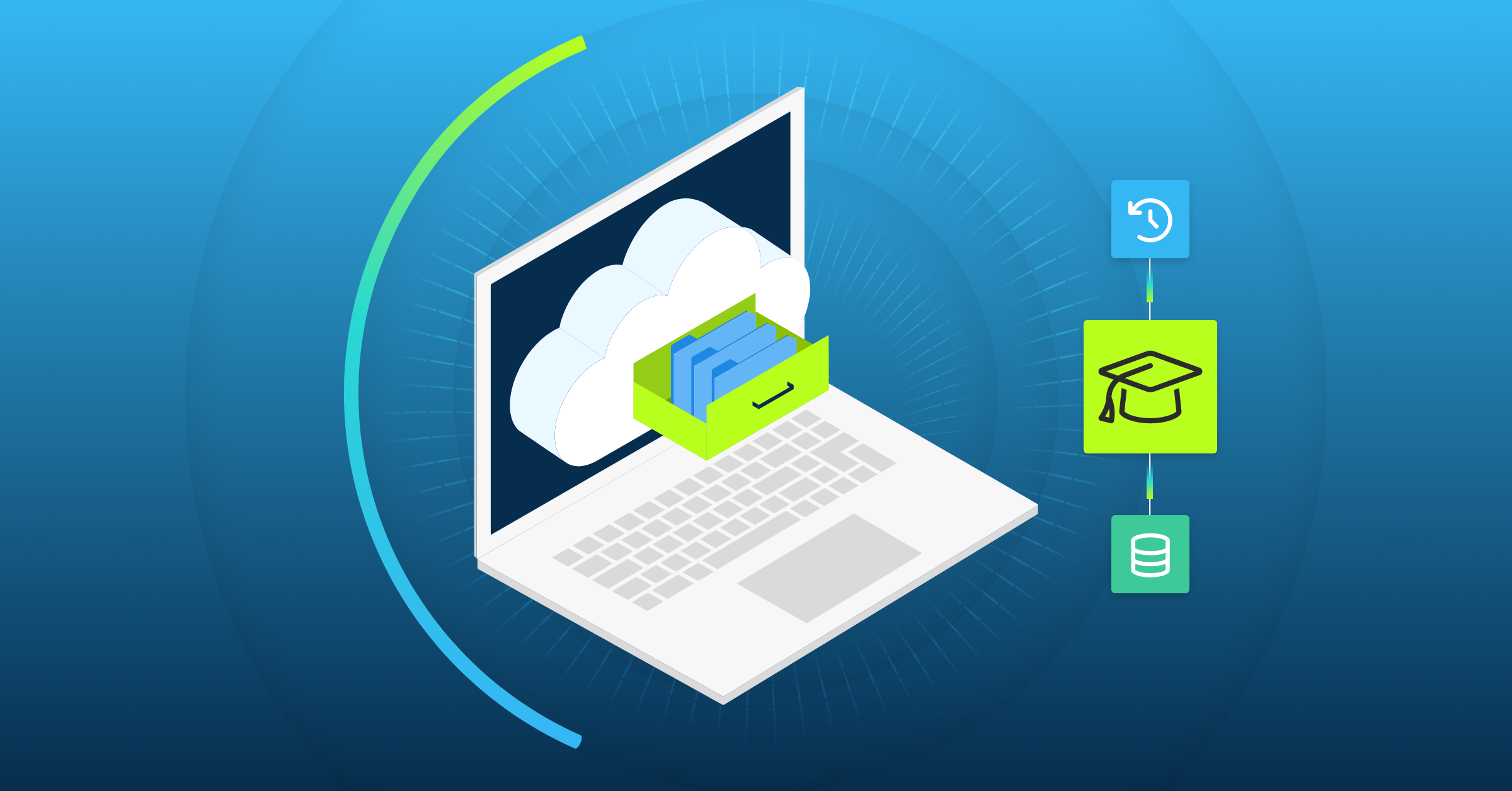 Laptop graphic with cloud storage and educational icons, illustrating university data backup methods for an educational blog.