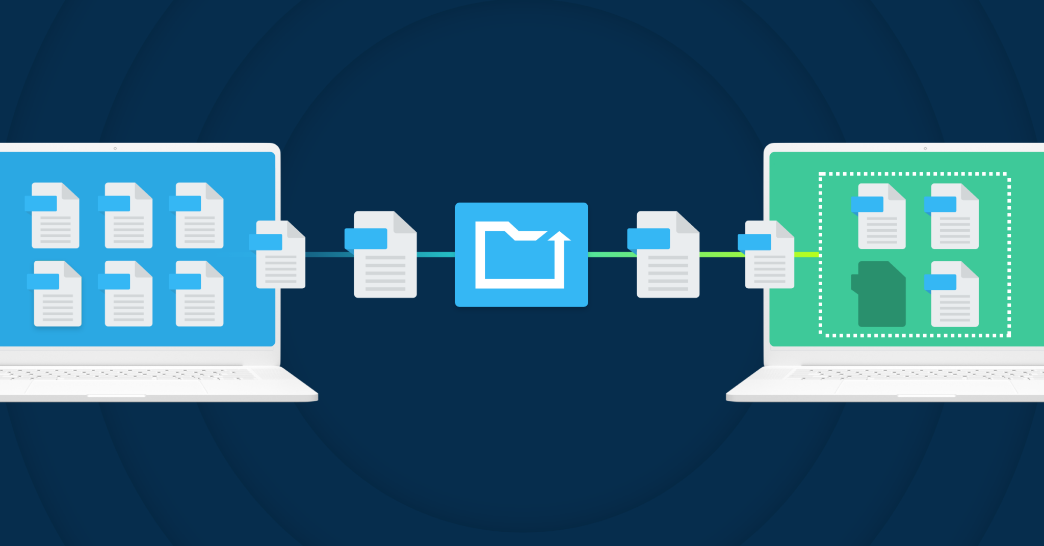 The image represents endpoint backup for device migration, showing two laptops with documents flowing between them, symbolizing data transfer.