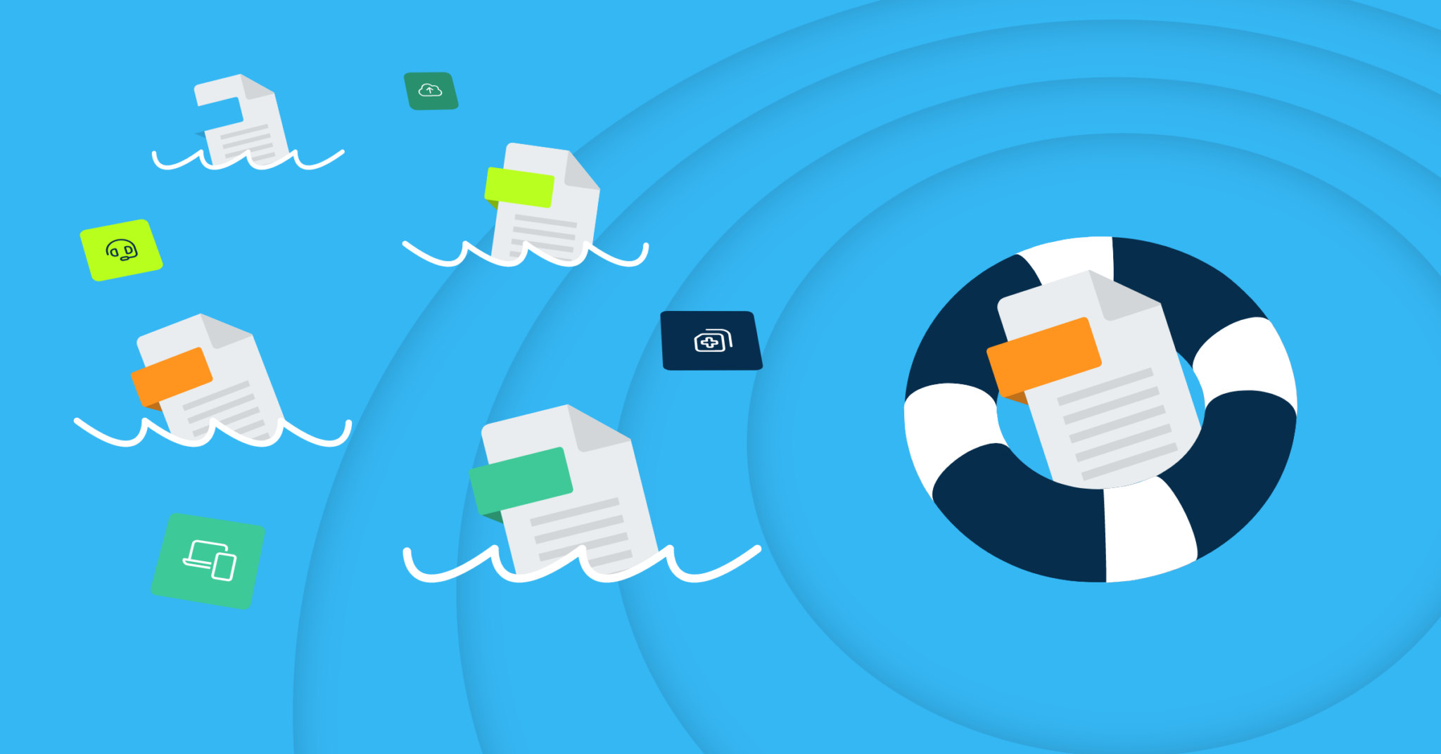 The image shows documents on digital waves with one in a lifebuoy, representing data protection and cyber attack recovery.