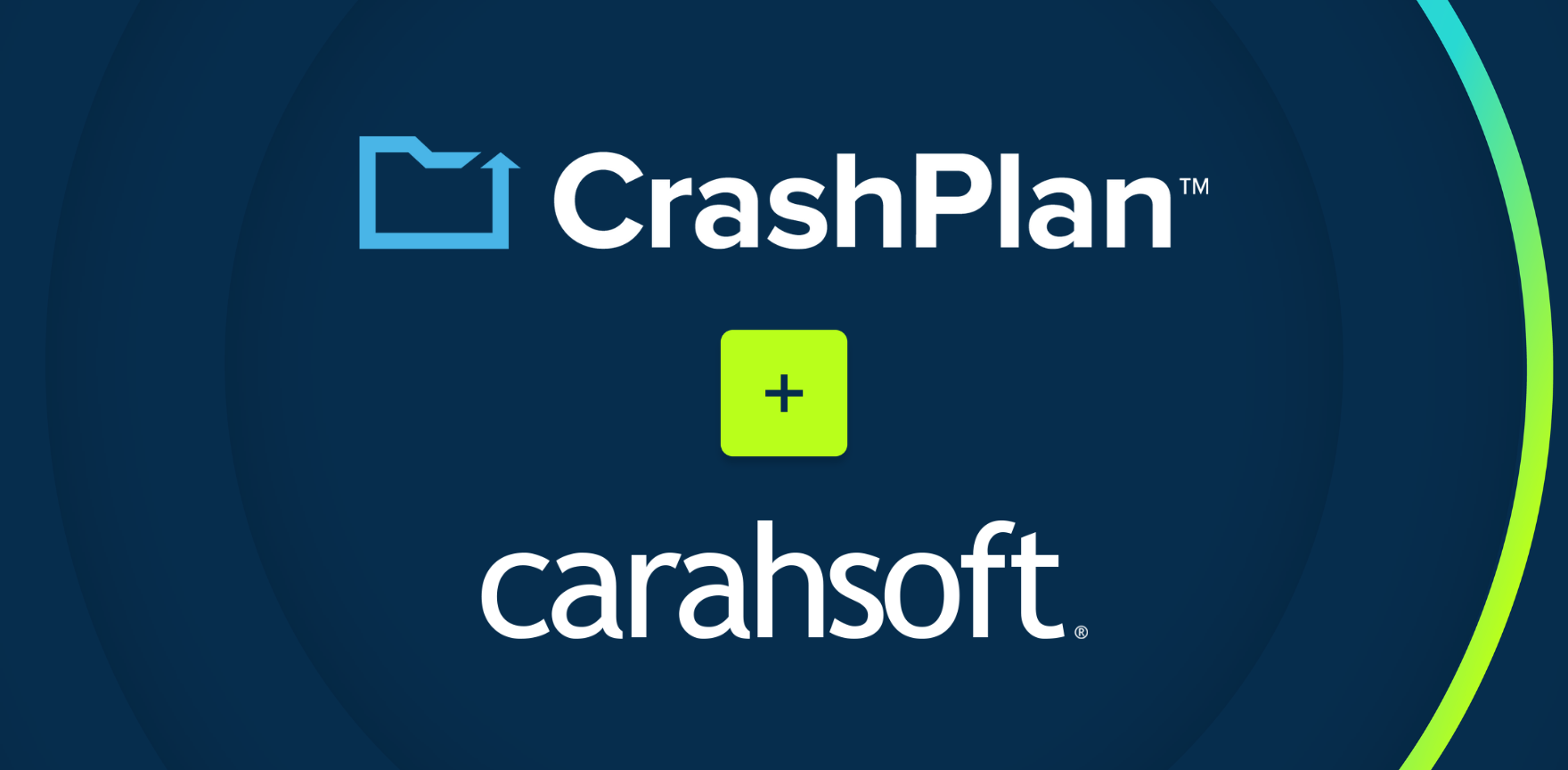 CrashPlan and Carahsoft logos with a plus sign on a blue background, symbolizing their partnership.