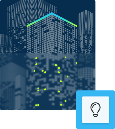 Pixelated buildings with lightbulb icon