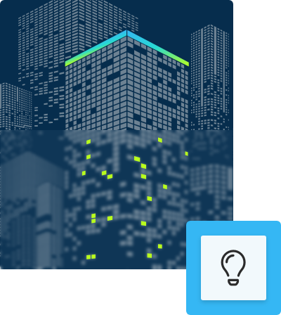 Pixelated buildings with lightbulb icon