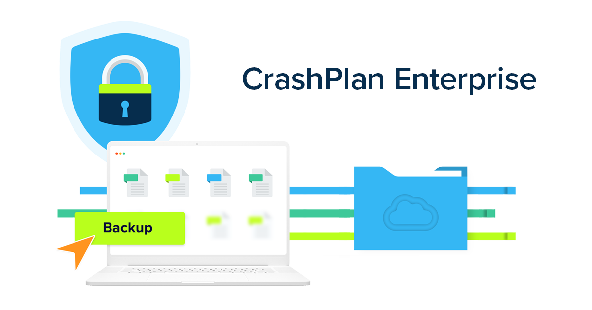 Image of a computer with a lock, a file folder, a callout that says Restore, and the words CrashPlan Enterprise