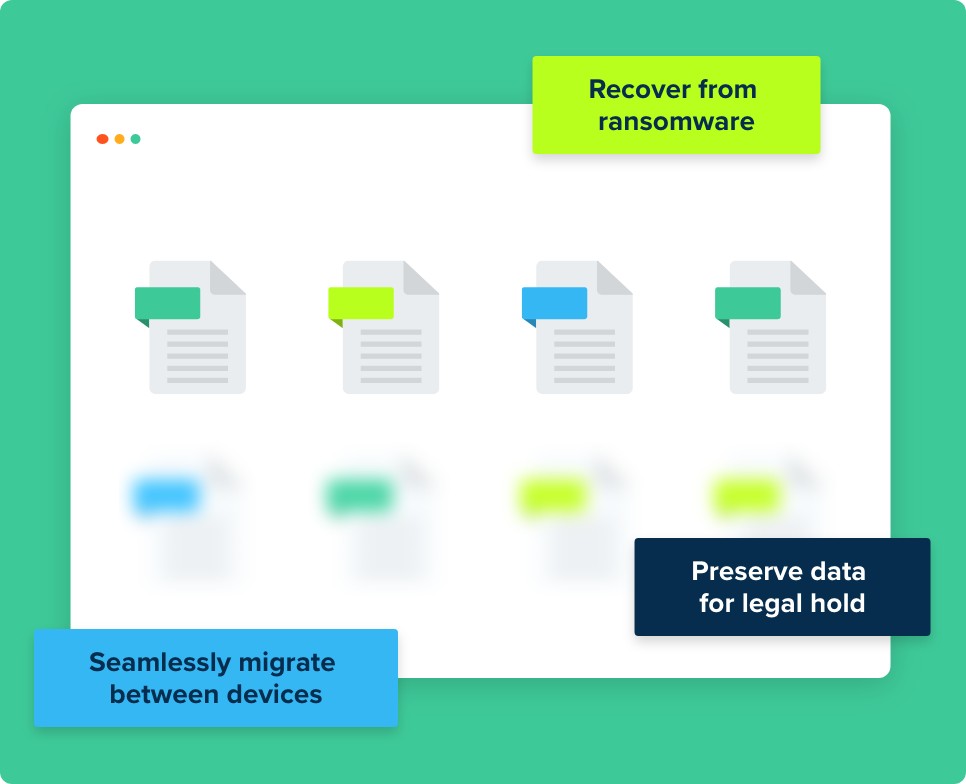 File icons with Recover from ransomware, Preserve data for legal hold, Seamlessly migrate between devices banners