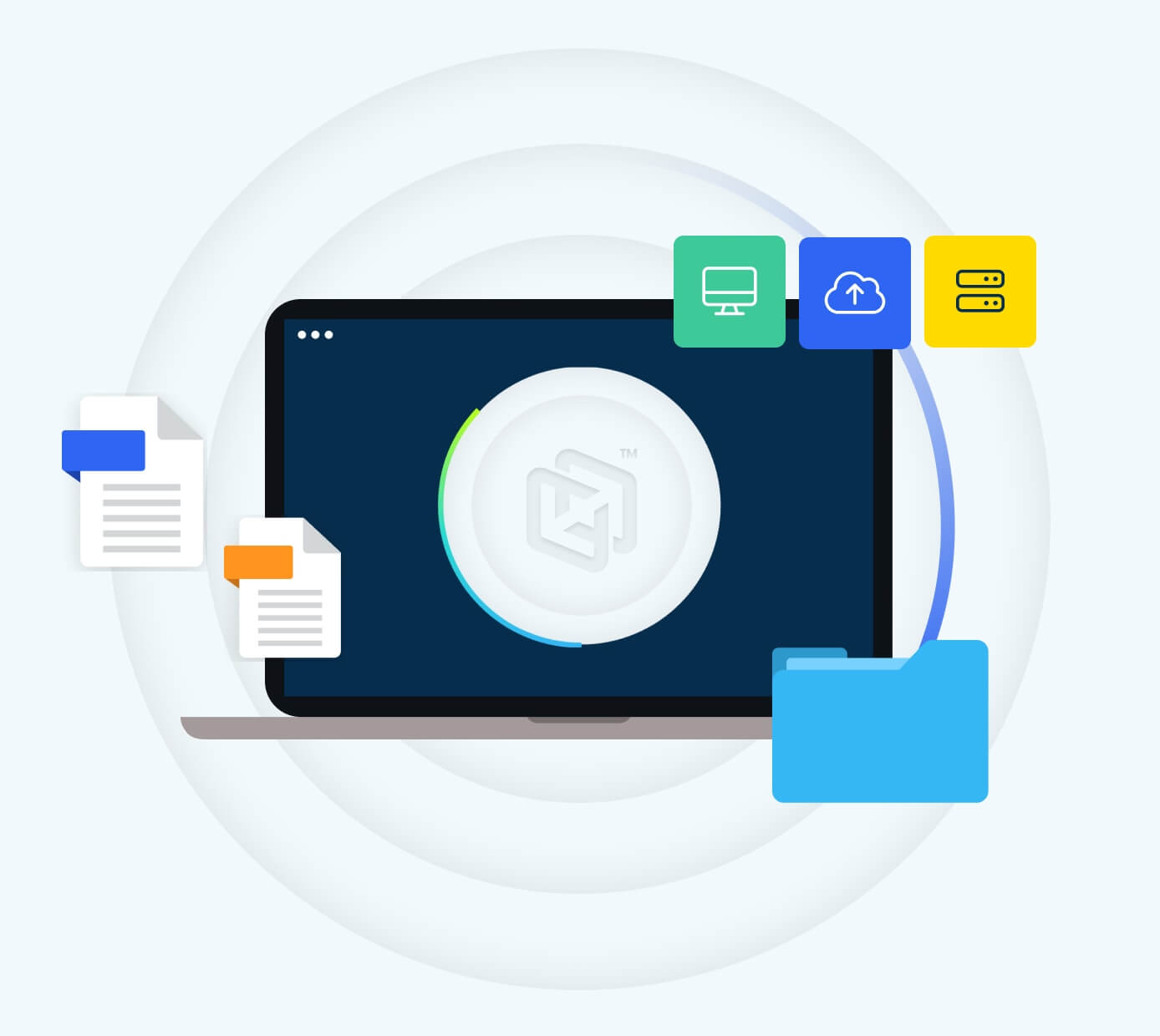 Laptop with floating graphics of files and documents, the crashplan logo featured on the screen and icons for devices, cloud, and servers.