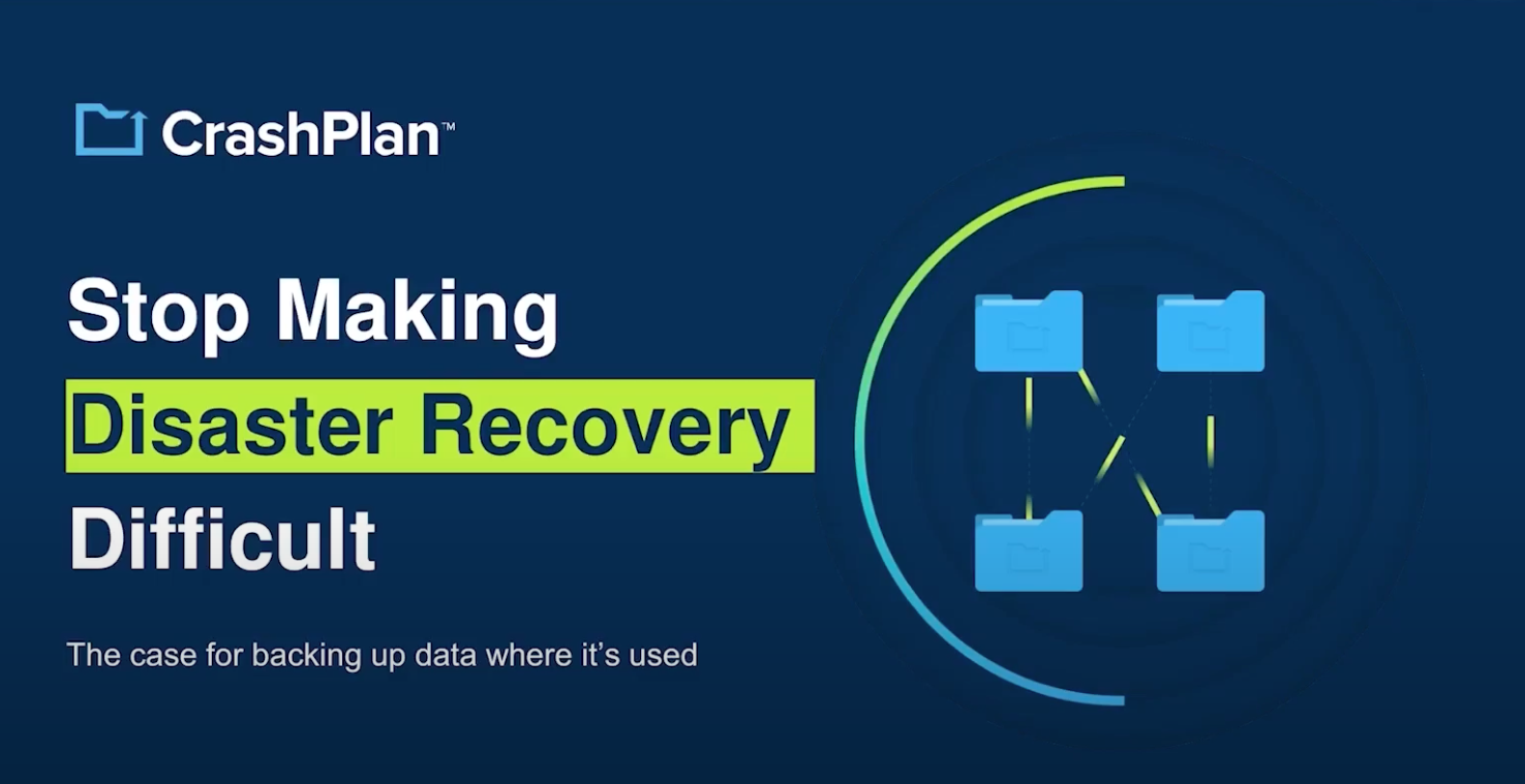 Four folder graphics with a title next to them that reads "Stop Making Disaster Recovery Difficult"