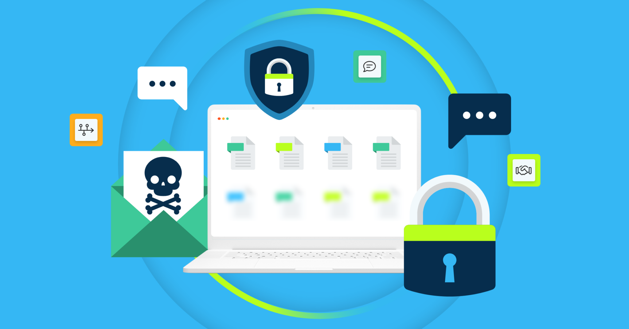 a laptop with files on the screen, padlocks and a virus email around it