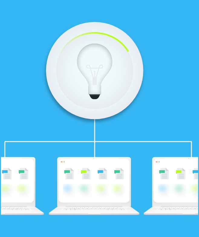 A lightbulb icon connected to three laptops