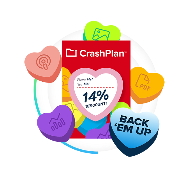 Valentine's themed ad showing a 14% discount on CrashPlan's essential and professional endpoint cloud backup solutions.