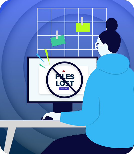 Woman at a computer which has a message that says Files Lost