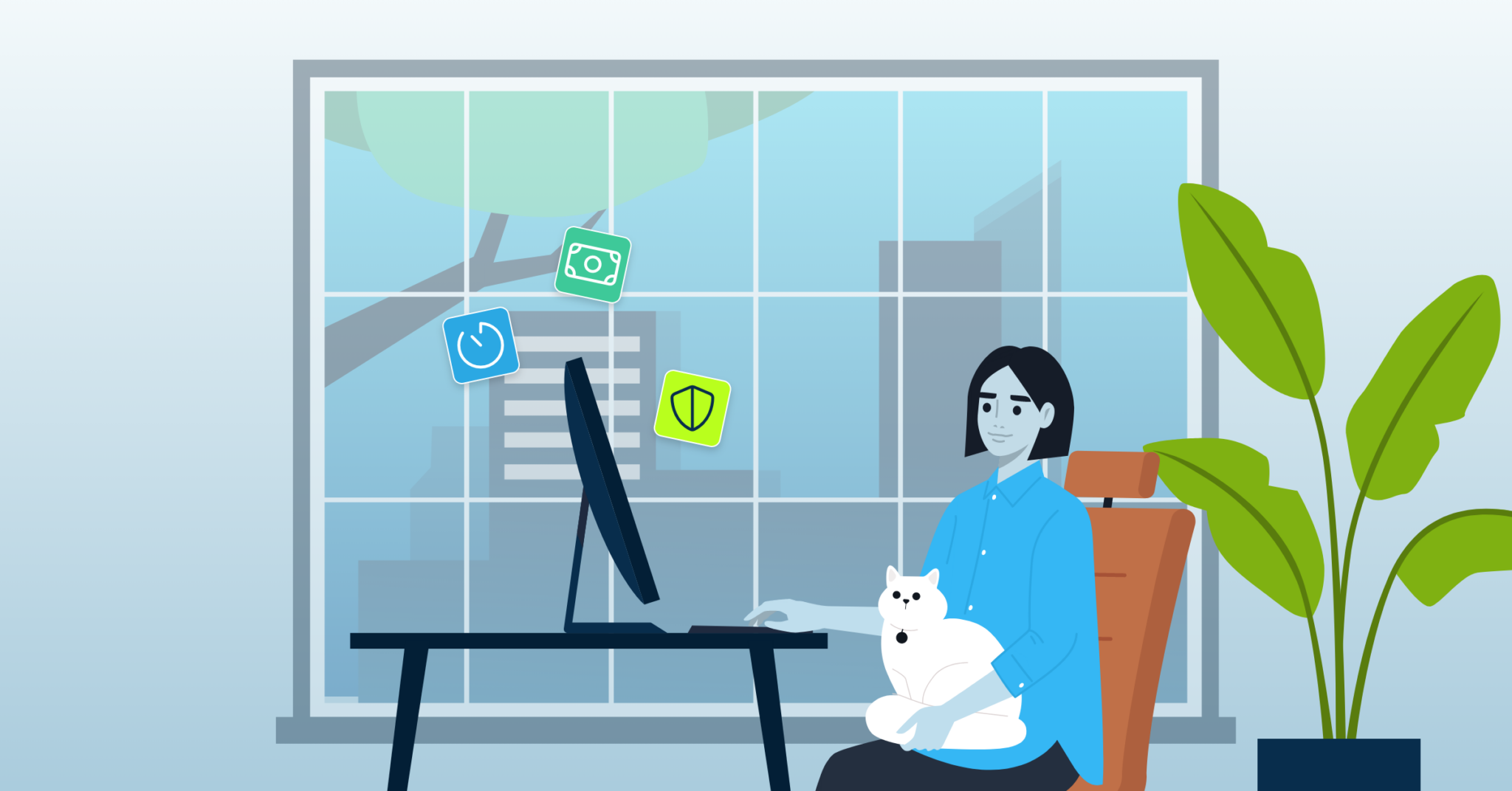 woman using her computer in front of a giant window with a cat in her lap