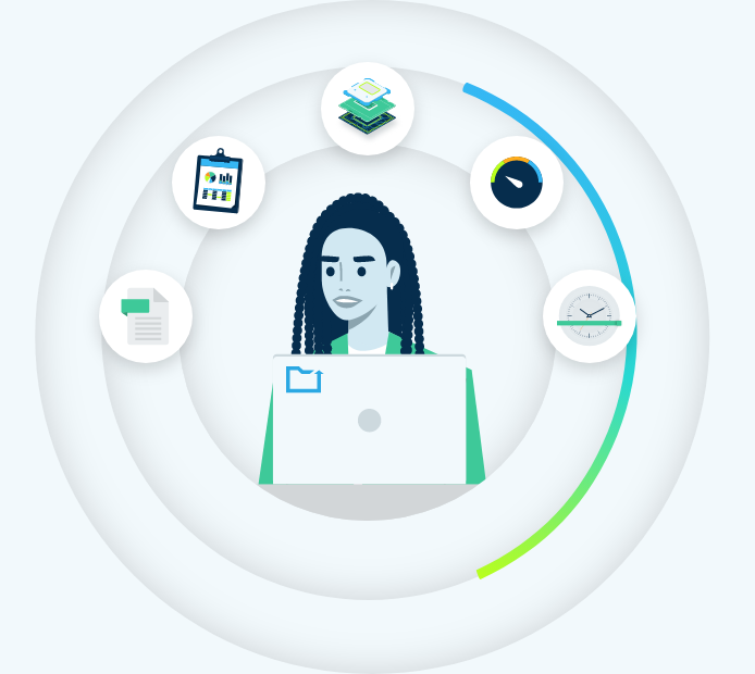 This image shows a person at a laptop with a CrashPlan logo on it. Surrounding her are icons representing different file types.