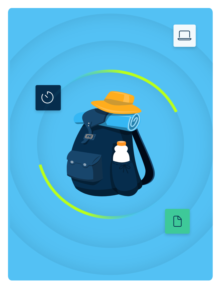 Backpack with essentials packed to highlight CrashPlan's "Essential" cloud backup solution plan.