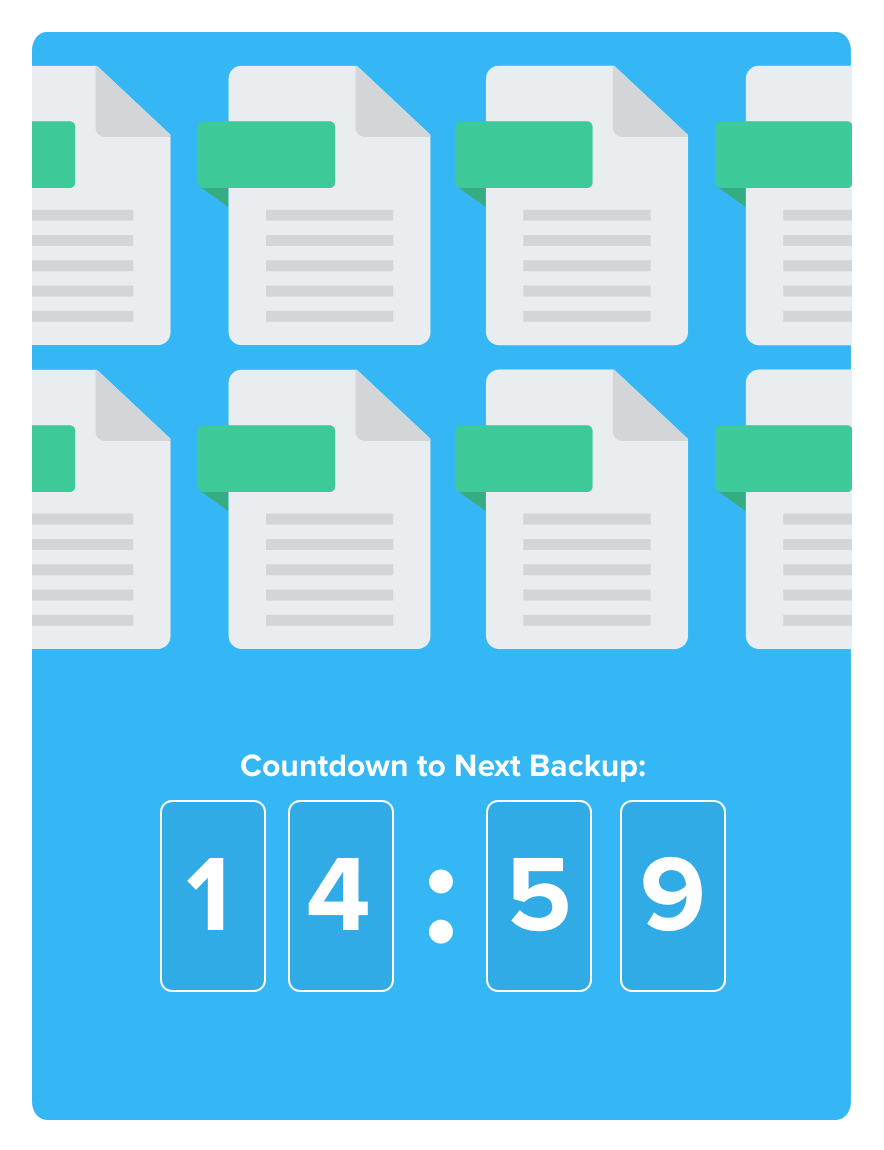 15 minute countdown with documents over text that reads "Countdown to Next Backup: 14:59" to illustrate CrashPlan's automatic 15-minute data backups.