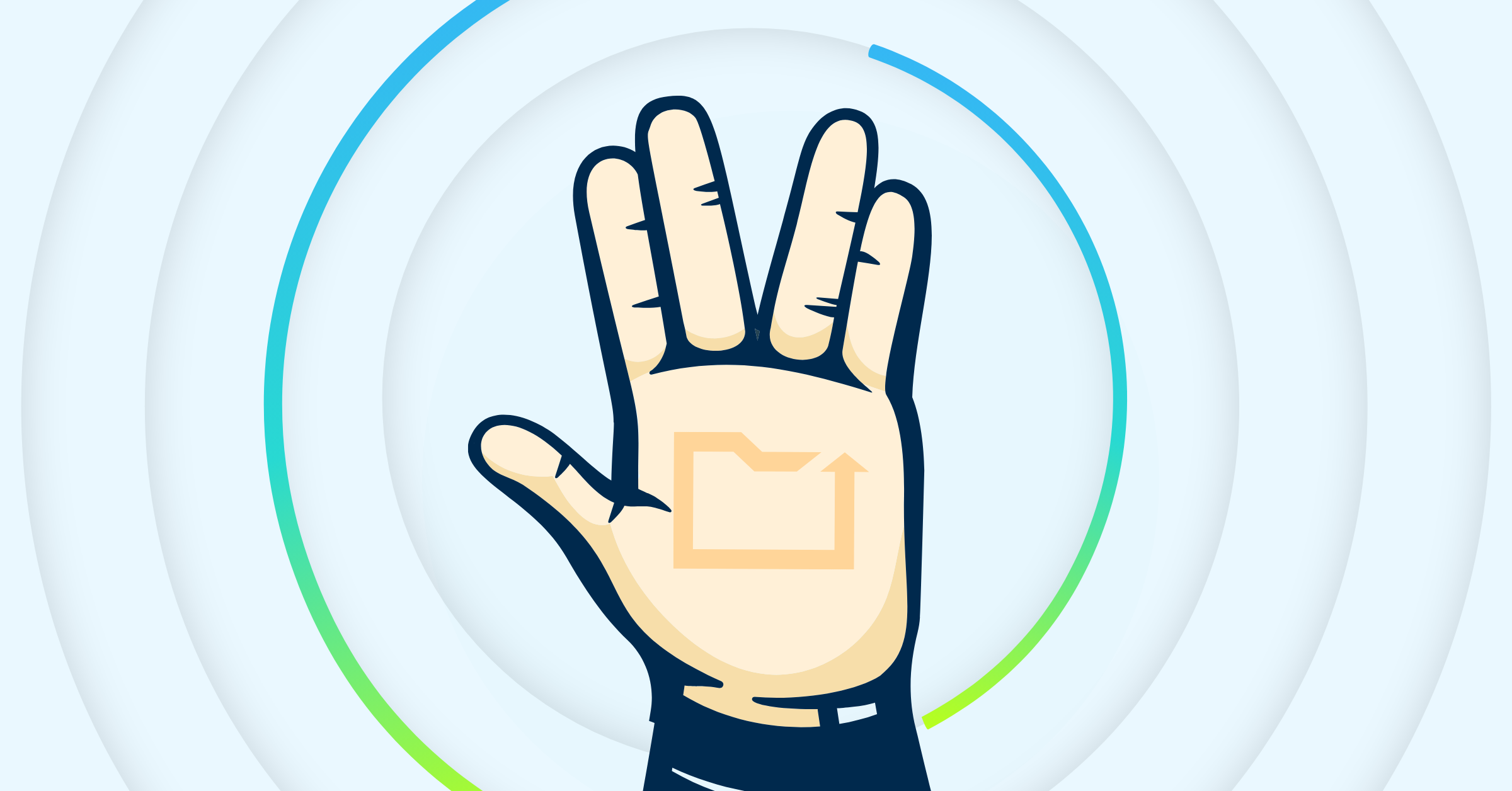 Hand making a Vulcan sign that means live long and prosper, with a file folder imprinted on the palm of the hand to illustrate how cloud backup solutions enhance long-term data security.