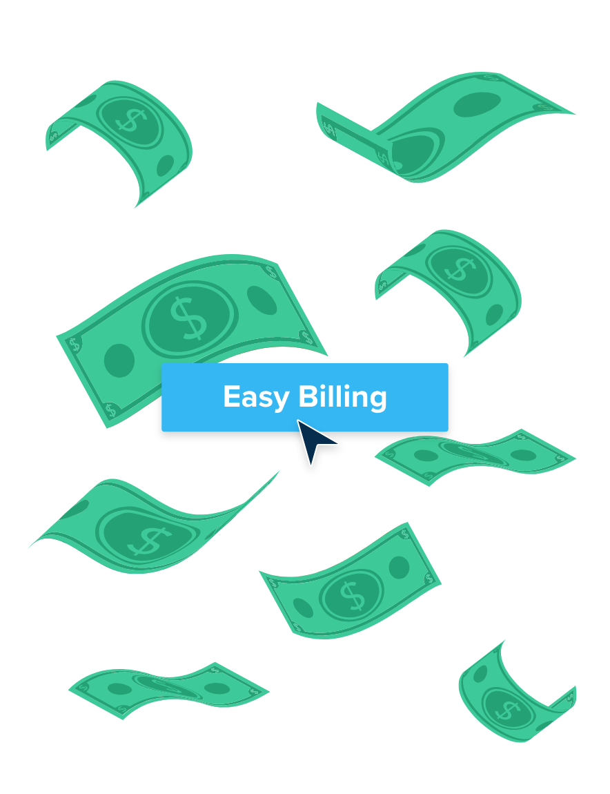 Dollar bills surrounding "Easy Billing" text that show easy billing is with CrashPlan for MSPs