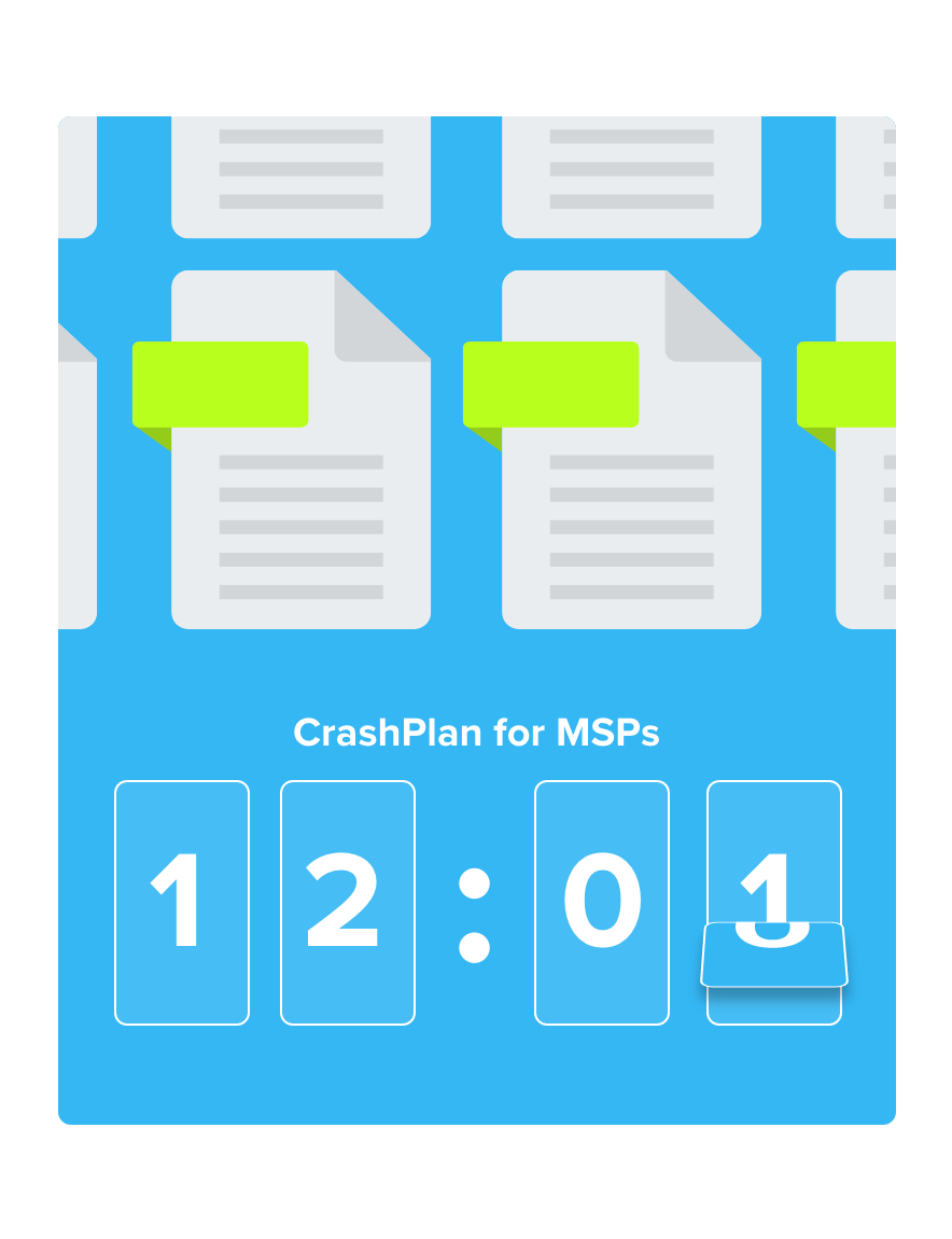 Digital clock at 12:01 illustrating how CrashPlan for MSPs provide automatic endpoint backups every 15 minutes