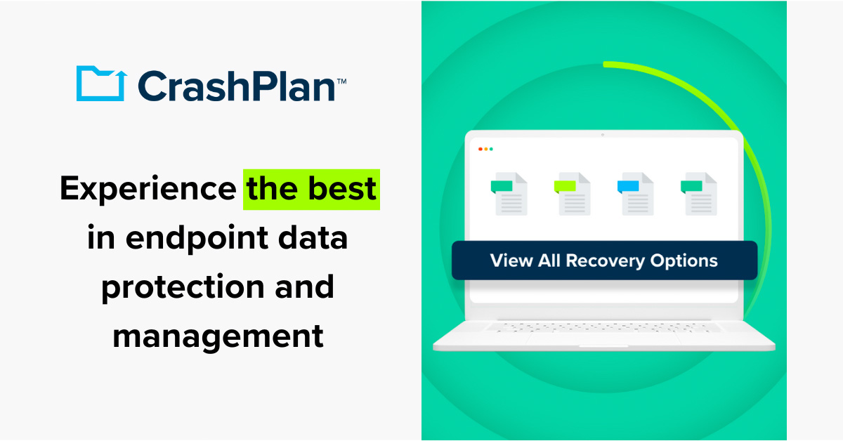 Laptop with "View All Recovery Options" banner on it, with text beside it inviting people to try the best in endpoint data protection and management