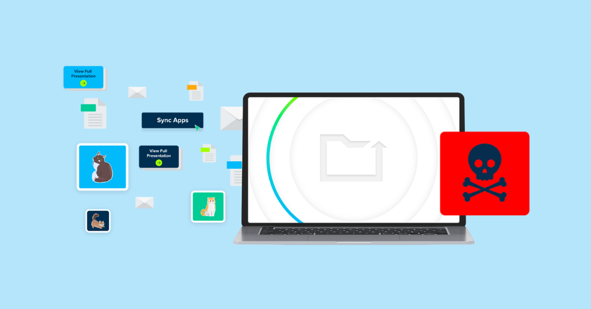 Laptop and other files and folders with a red skull meant to represent ransomware and the need to have a ransomware disaster recovery plan.