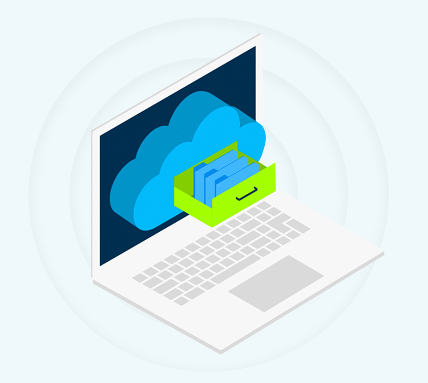 Graphic of a laptop with a file drawer opening out of a cloud