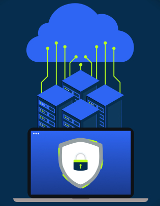 Graphic of computer sending data to servers and to the cloud